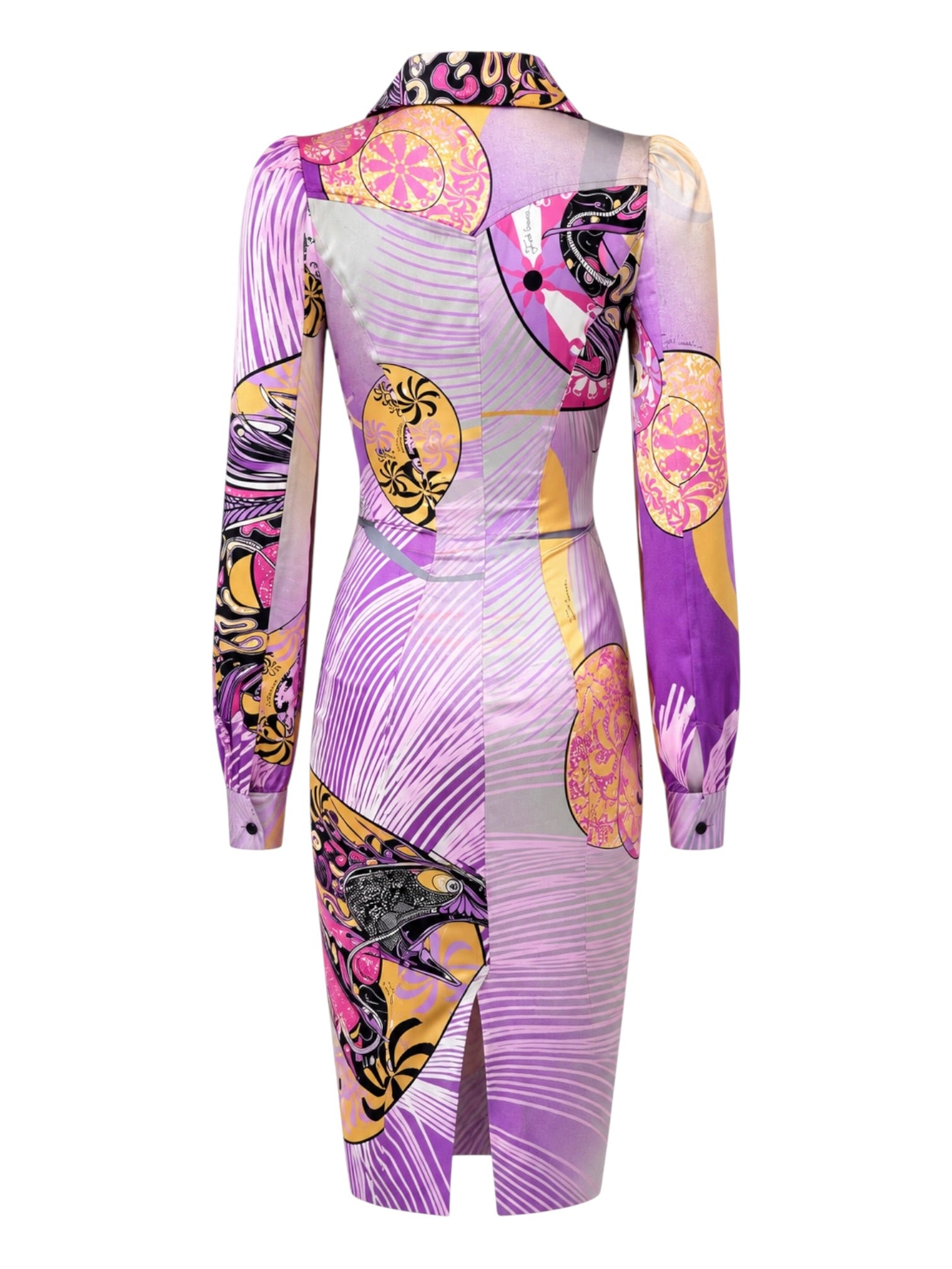 PINK/PURPLE ABSTRACT SILK BUTTON BELT DRESS @AFENI