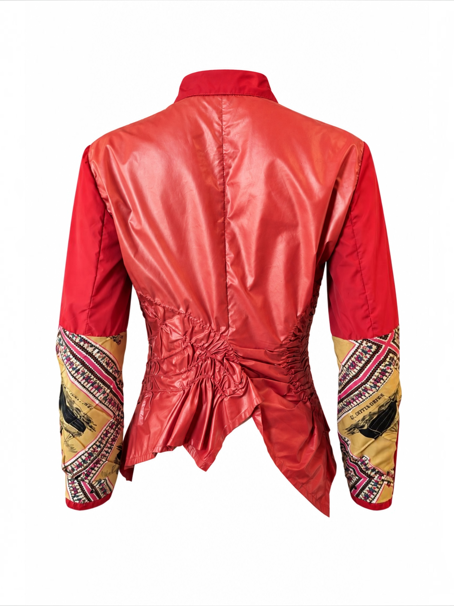 RARE RED RUCHED ZIP UP JACKET W SILK OVERLAY @SM