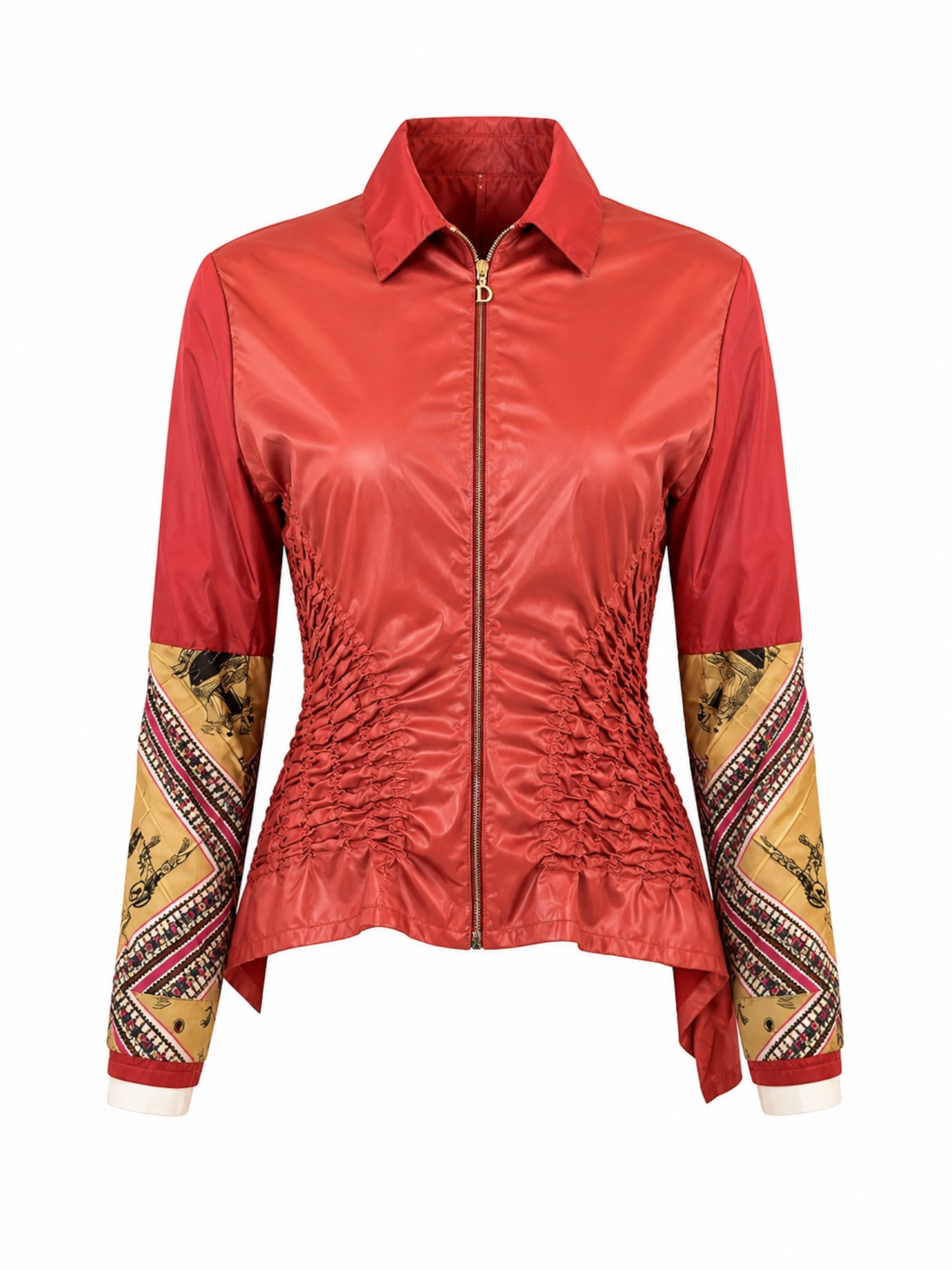 RARE RED RUCHED ZIP UP JACKET W SILK OVERLAY @SM
