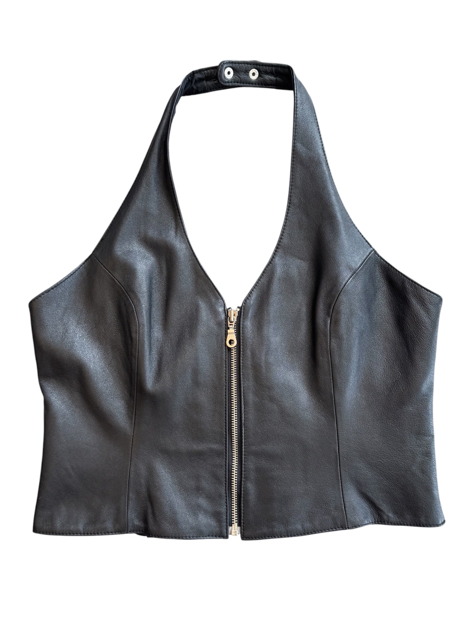 BLACK LEATHER ZIP UP HALTER
