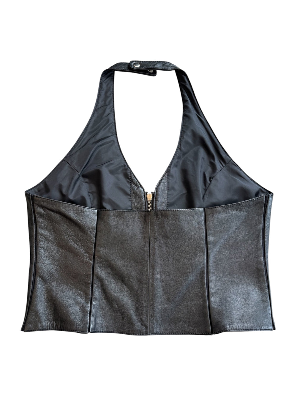 BLACK LEATHER ZIP UP HALTER