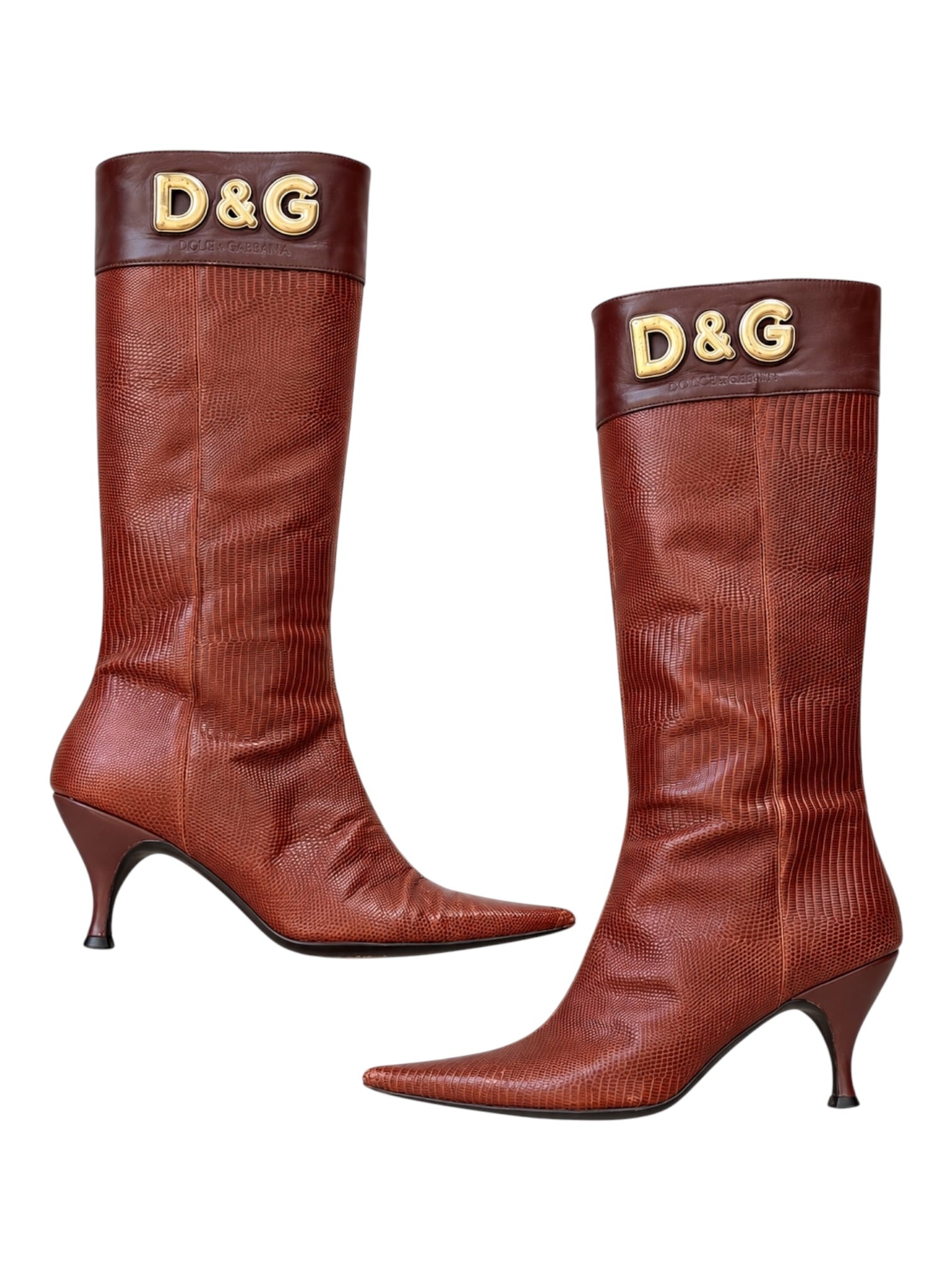 BROWN LEATHER & GOLD LOGO KNEE HIGH BOOTS @CPARA