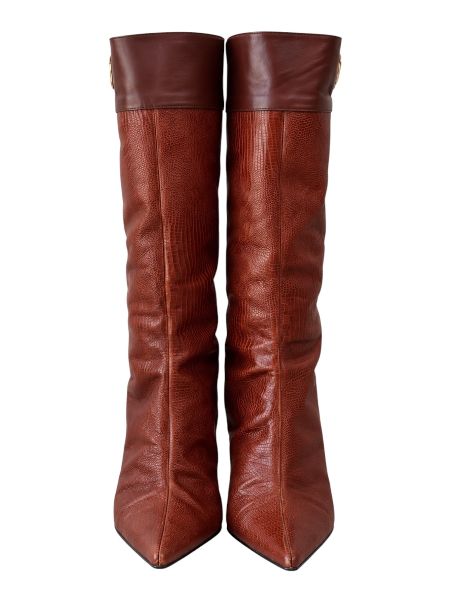 BROWN LEATHER & GOLD LOGO KNEE HIGH BOOTS @CPARA