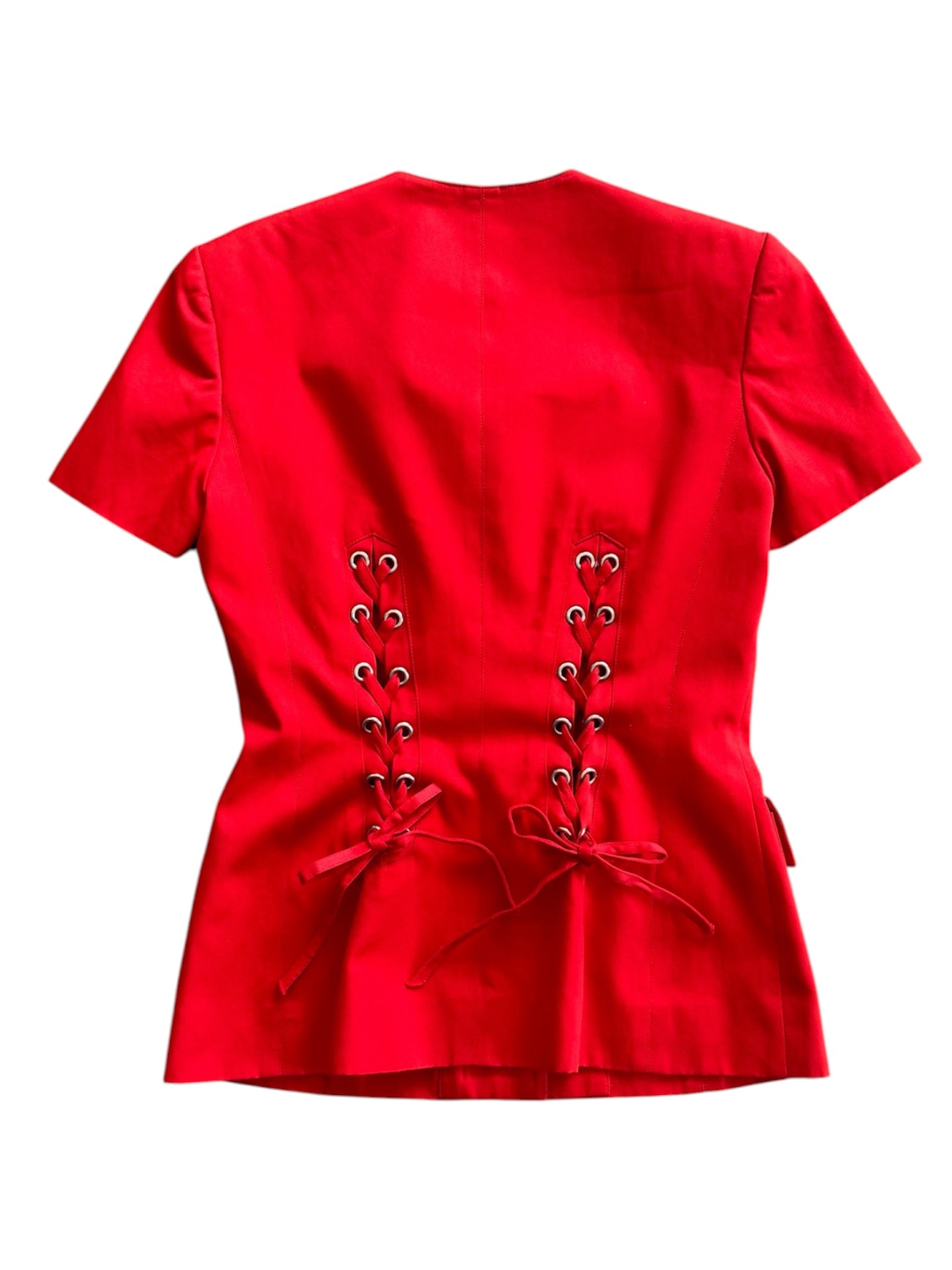 80/90S RED CORSETED LACE UP S/S BUTTON DOWN