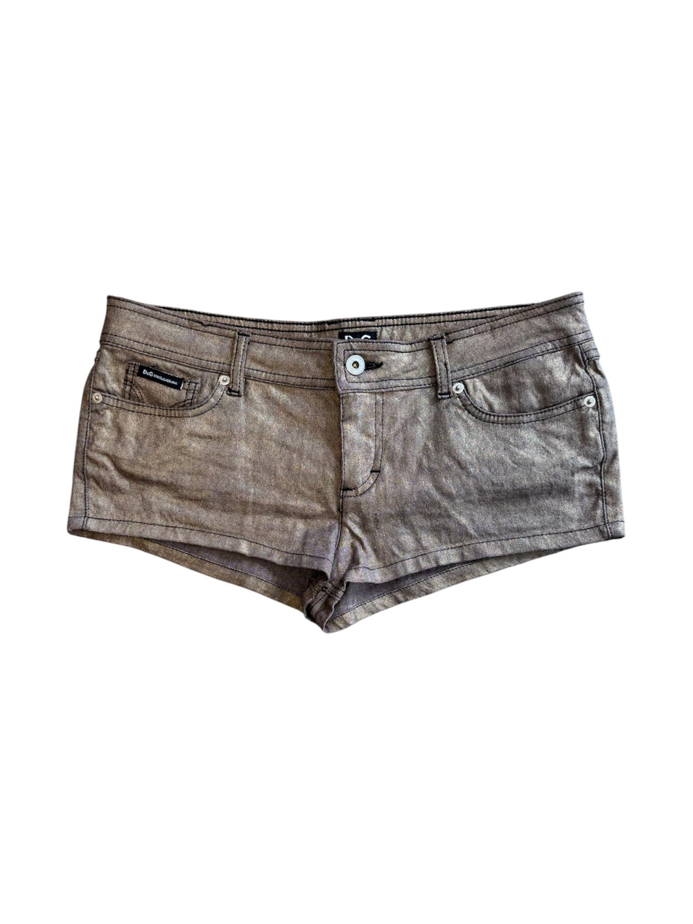 BRONZE METALLIC LOW RISE MINI SHORTS W/ LOGO PLATE