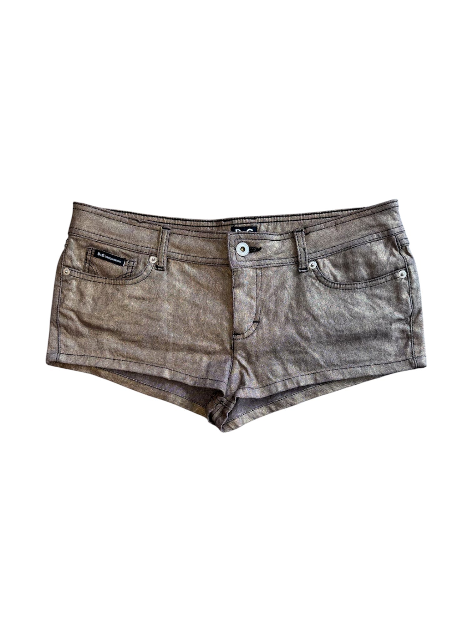 BRONZE METALLIC LOW RISE MINI SHORTS W/ LOGO PLATE