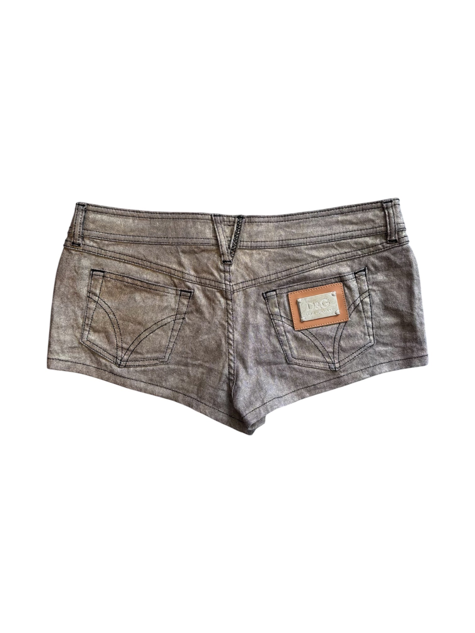 BRONZE METALLIC LOW RISE MINI SHORTS W/ LOGO PLATE