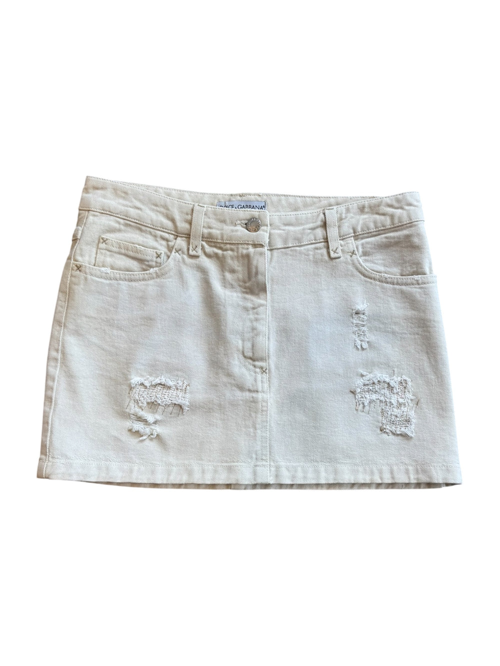 00s BEIGE DISTRESSED DENIM MINI SKIRT