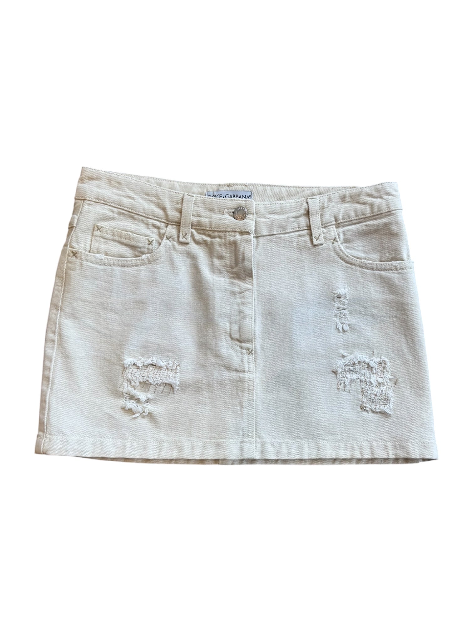 00s BEIGE DISTRESSED DENIM MINI SKIRT