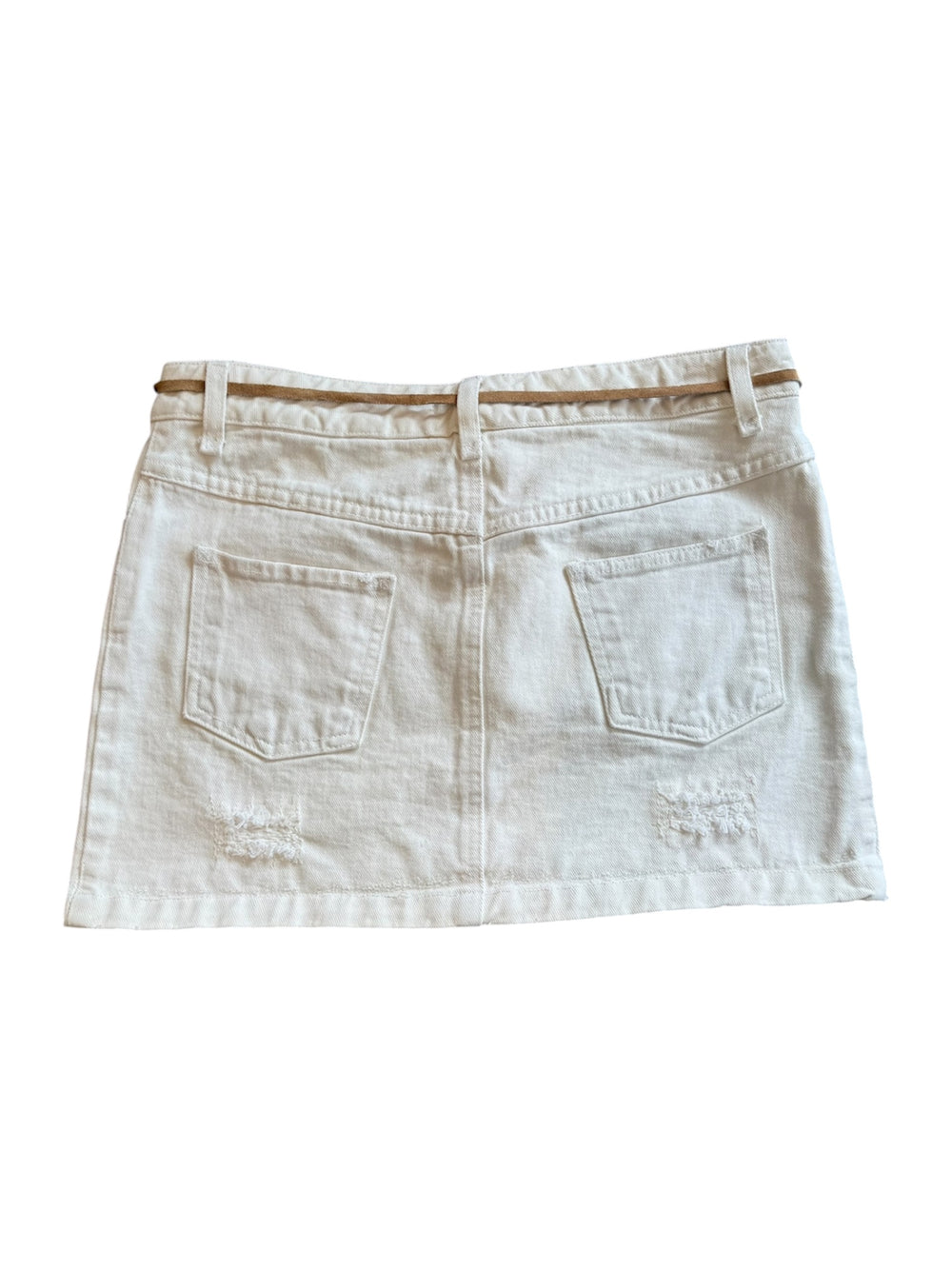 SS01 WHITE DISTRESSED MINI SKIRT W SUEDE BELT