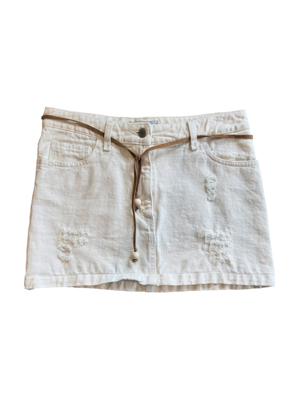 SS01 WHITE DISTRESSED MINI SKIRT W SUEDE BELT