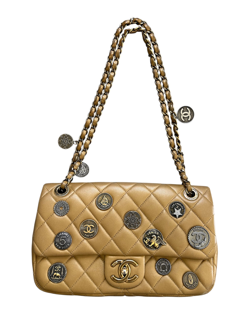2015 PARIS-DUBAI COIN MEDALLION GOLD FLAP BAG (AS IS)