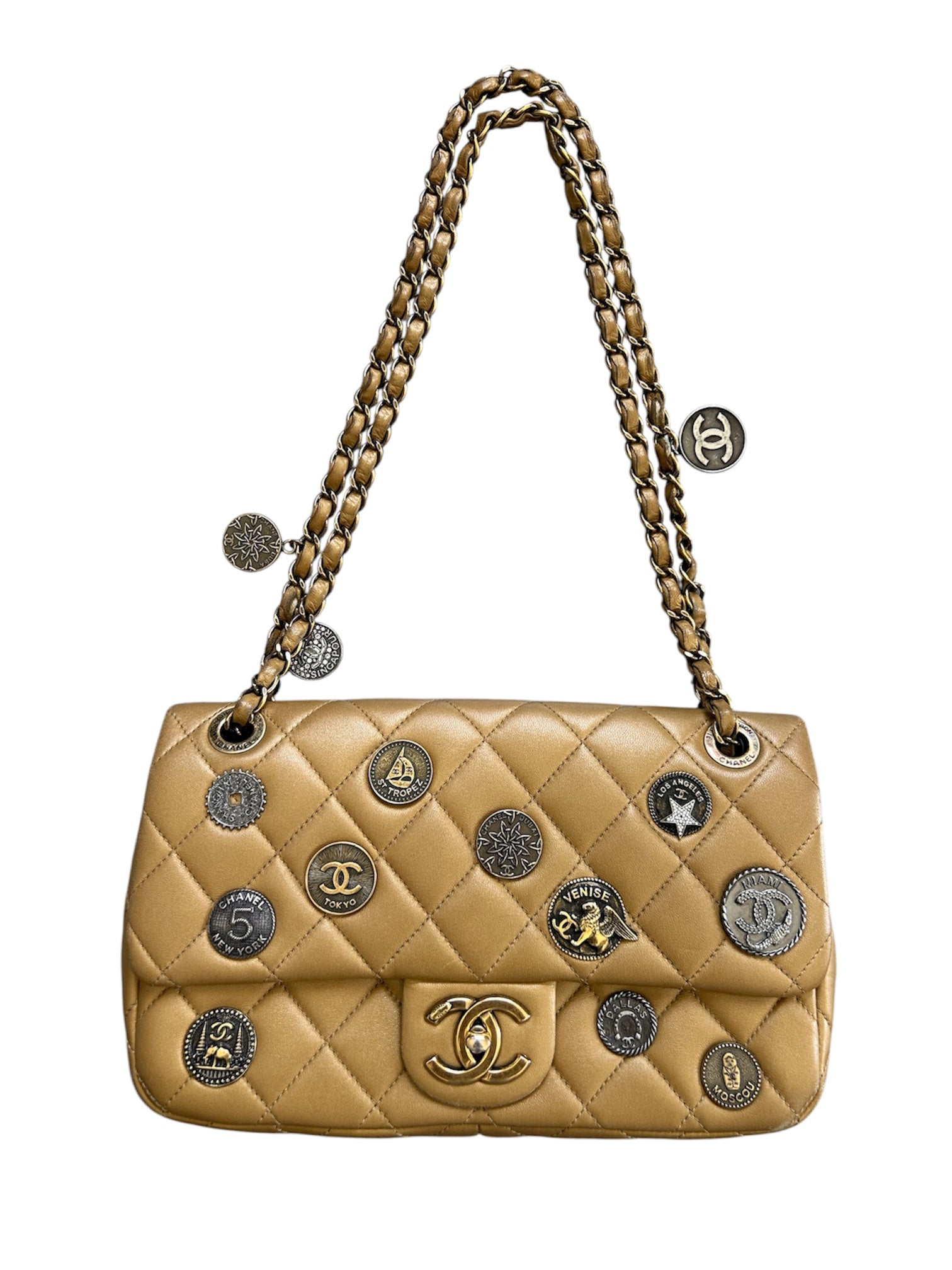 2015 PARIS-DUBAI COIN MEDALLION GOLD FLAP BAG (AS IS)