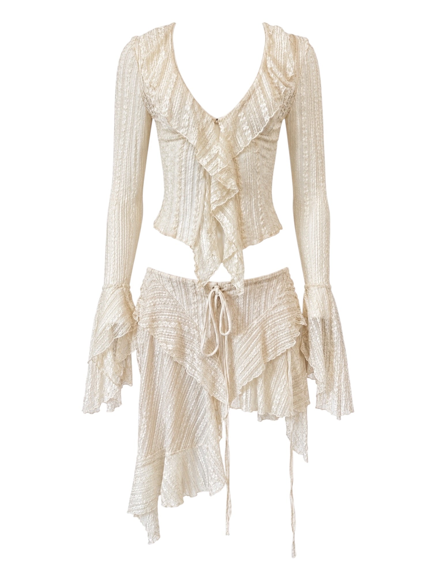 CREAM FLORAL LACE L/S BLOUSE & LACE UP SKIRT SET