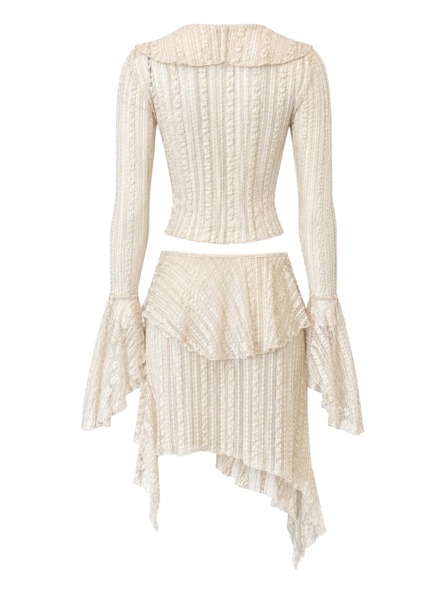 CREAM FLORAL LACE L/S BLOUSE & LACE UP SKIRT SET