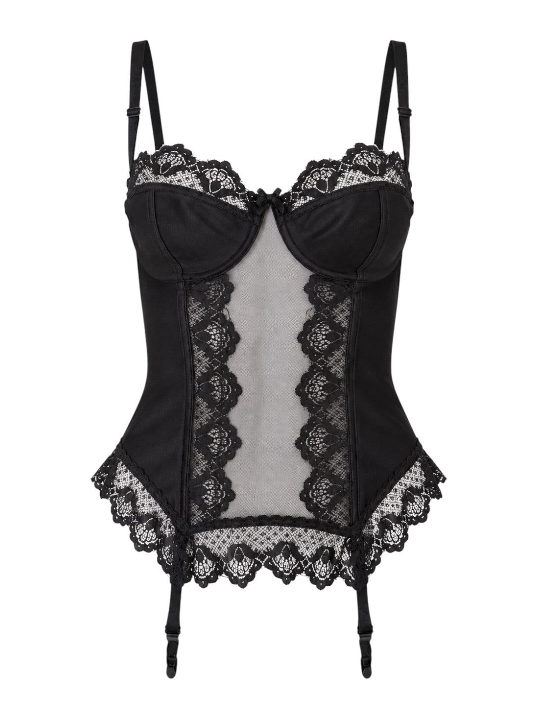 BLACK SATIN LACE & MESH BUSTIER W GARTER DETAIL