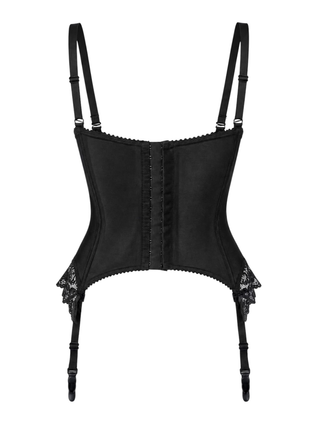 BLACK SATIN LACE & MESH BUSTIER W GARTER DETAIL
