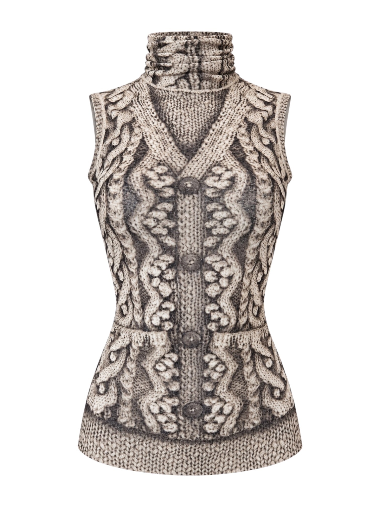 CABLE KNIT PRINT SLEEVELESS TURTLENECK MESH TOP (AS IS)