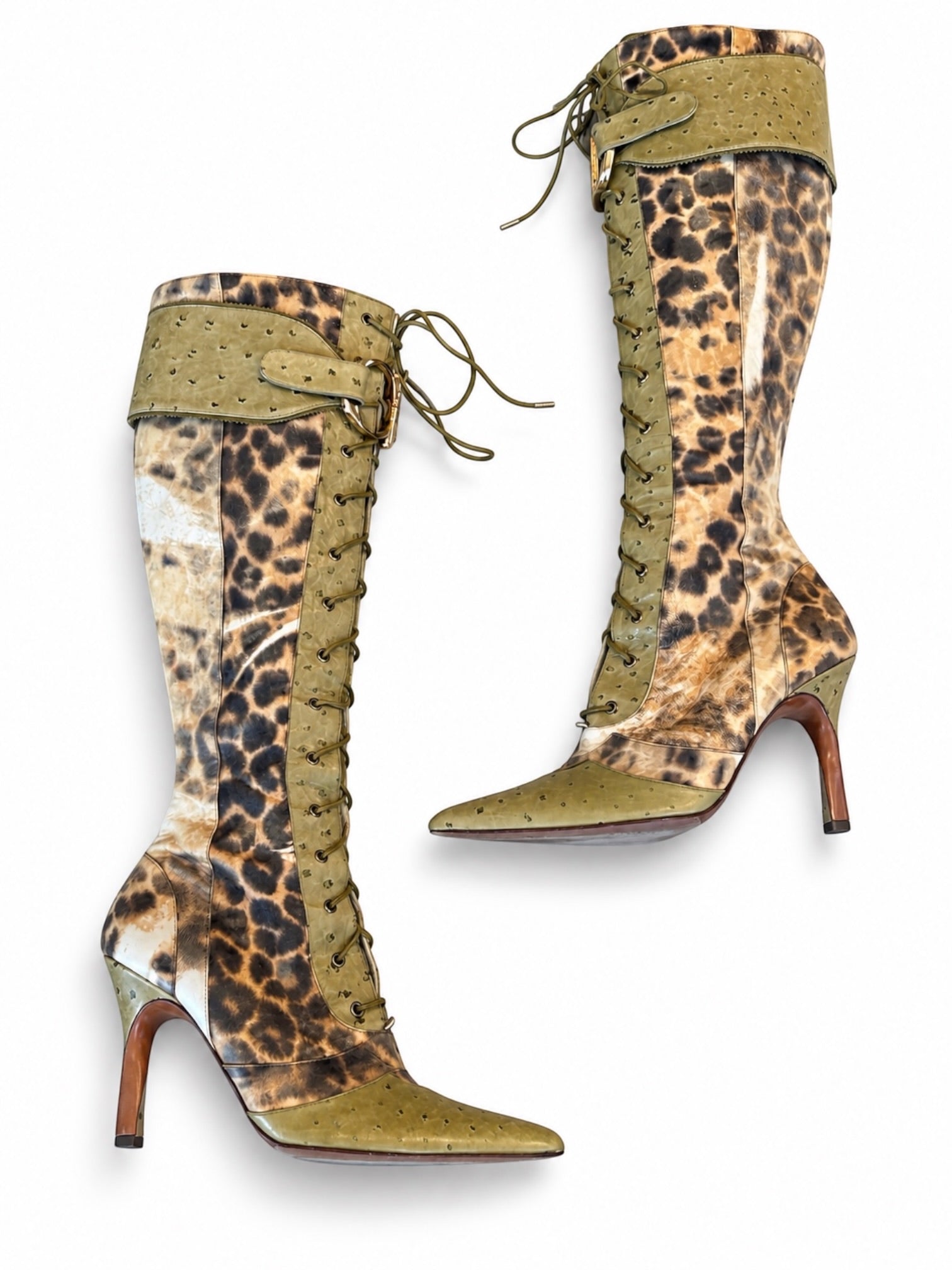FW00 OSTRICH & LEATHER CHEETAH LACE UP 'CD' BOOTS