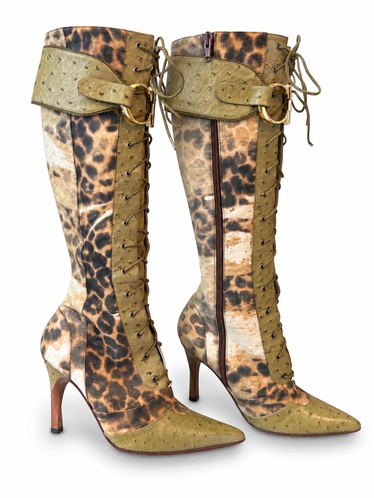 FW00 OSTRICH & LEATHER CHEETAH LACE UP 'CD' BOOTS
