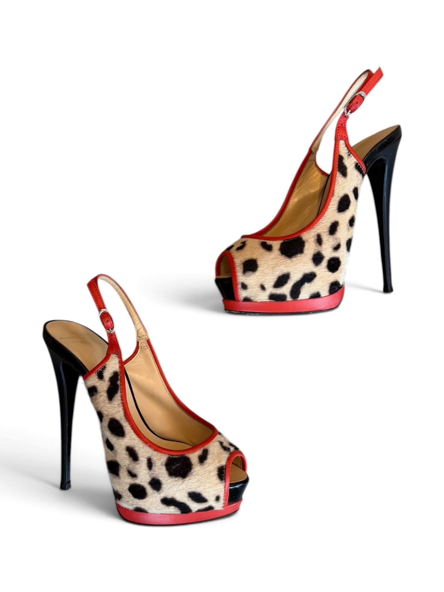 CHEETAH CALFHAIR & ORANGE TRIM PEEP TOE PUMPS