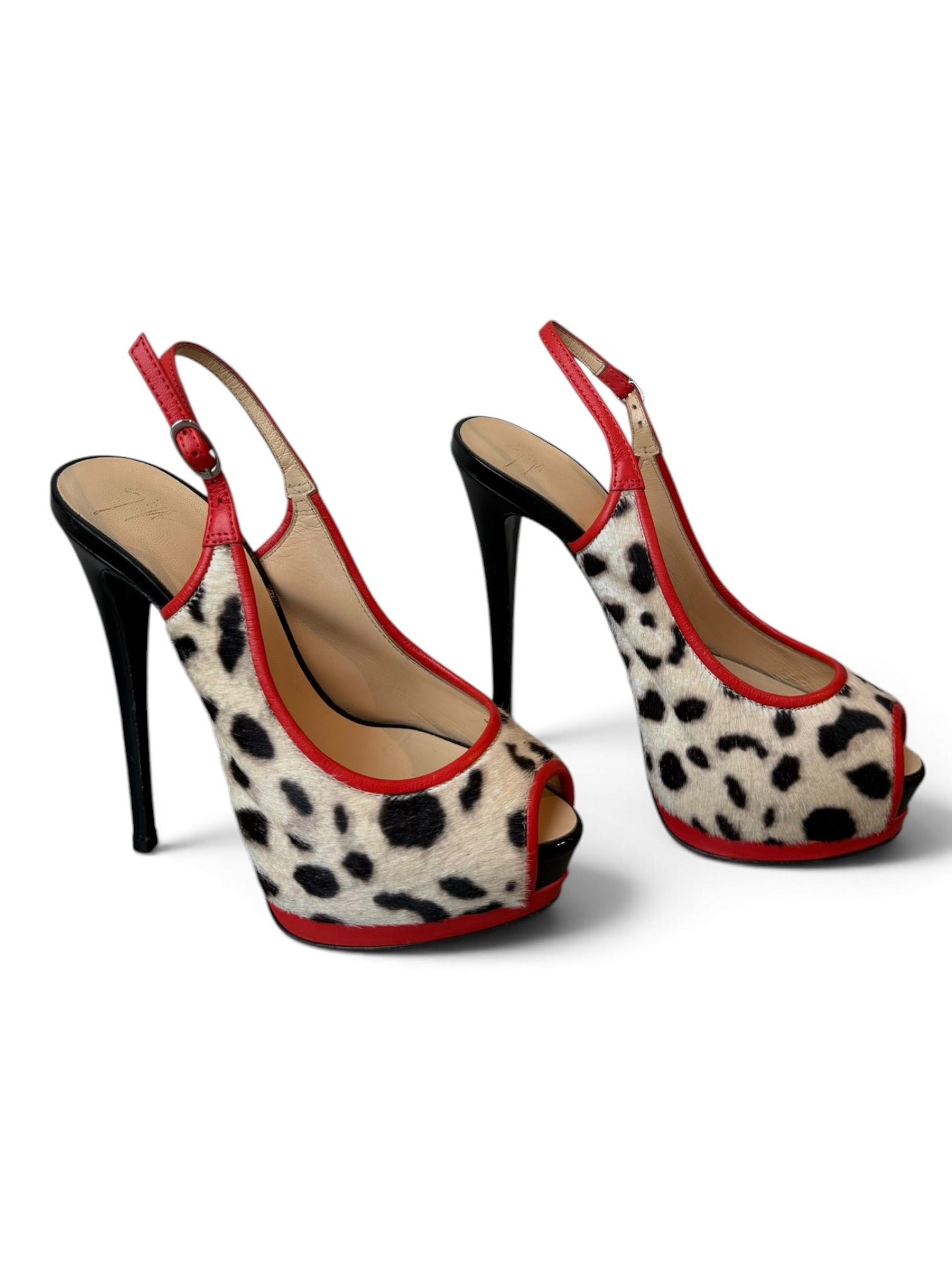 CHEETAH CALFHAIR & ORANGE TRIM PEEP TOE PUMPS