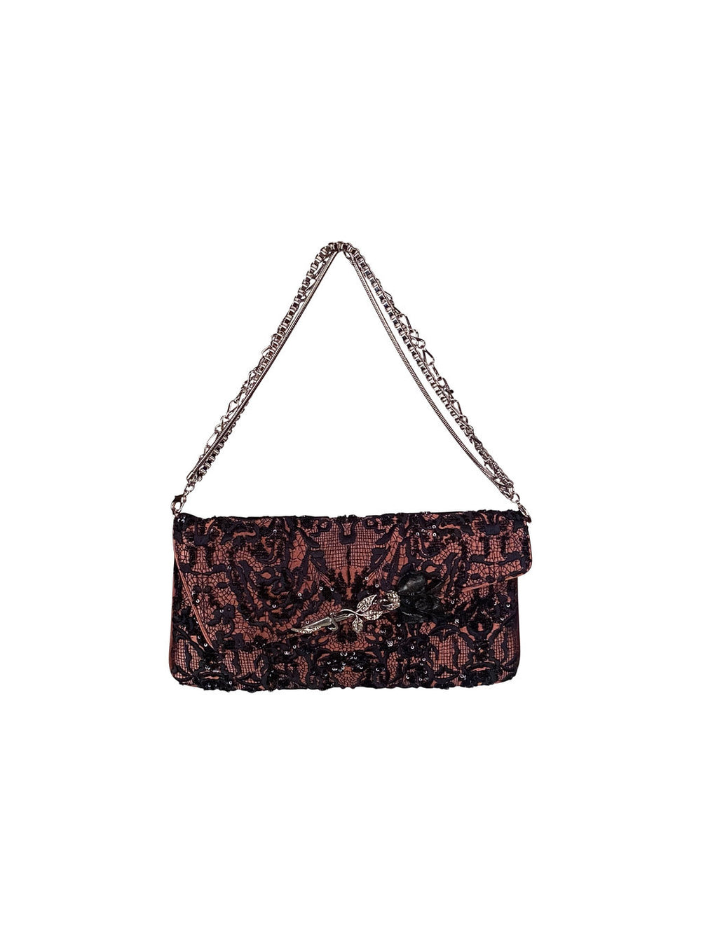 BLACK LACE & BEADED CHAIN PURSE W MAUVE UNDERTONE