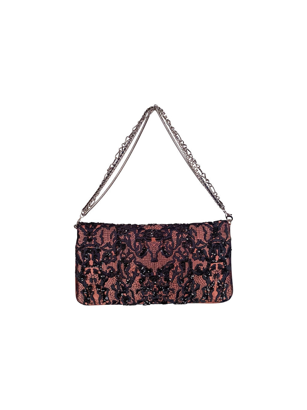 BLACK LACE & BEADED CHAIN PURSE W MAUVE UNDERTONE