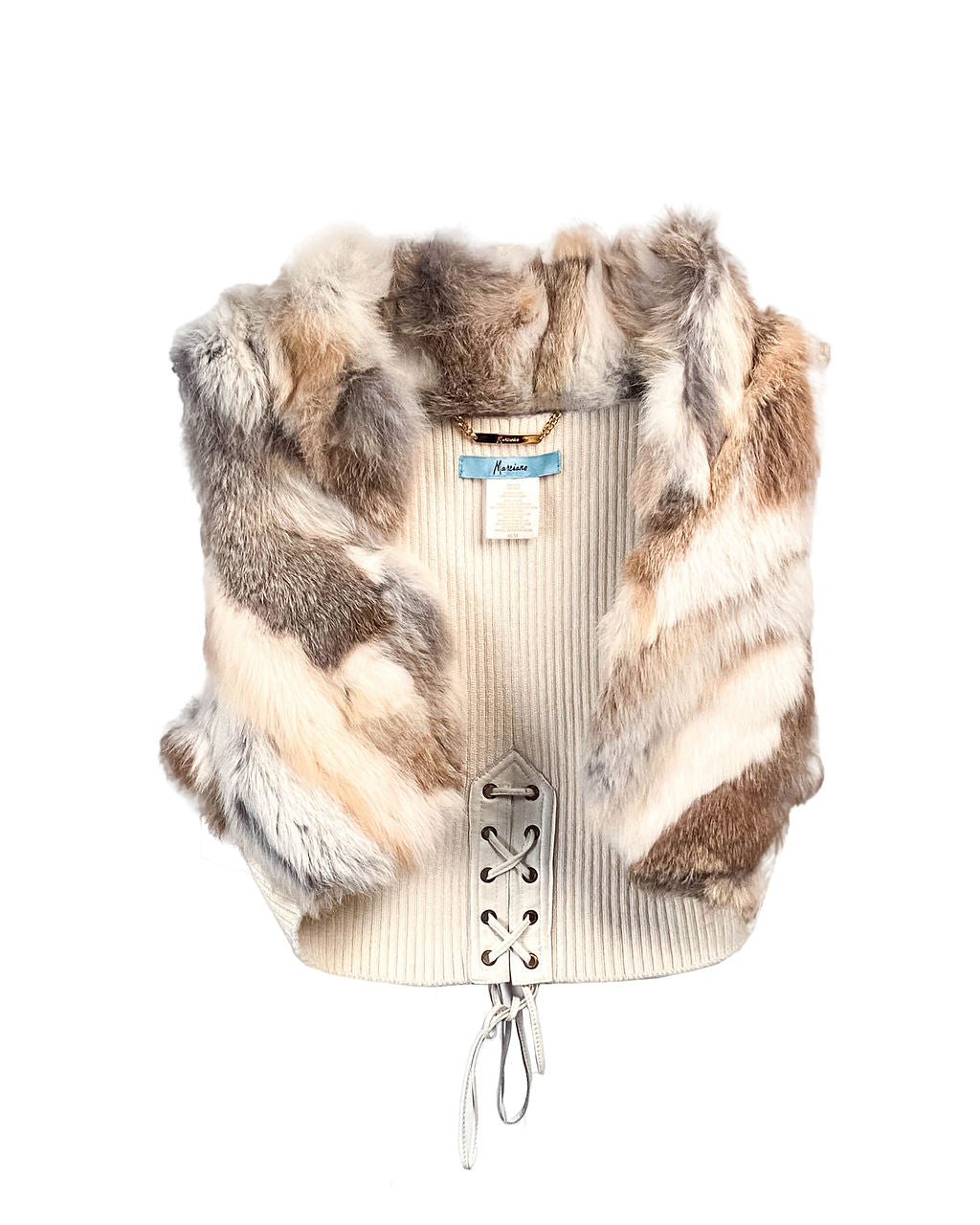 WHITE/BROWN CROPPED RABBIT FUR LACE UP VEST