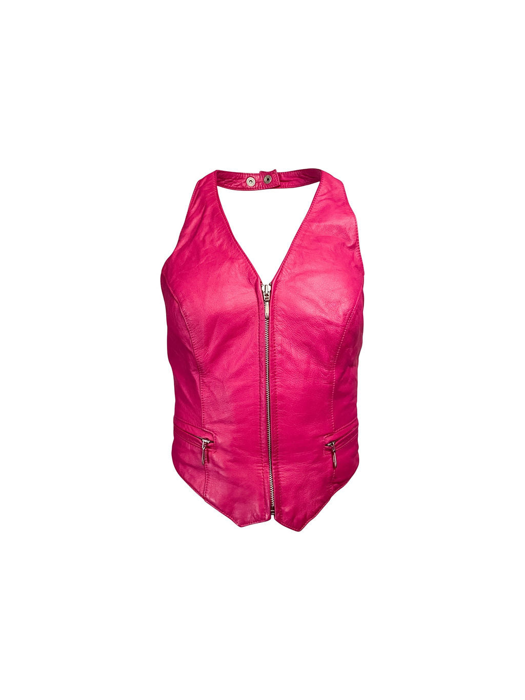 90S HOT PINK LEATHER ZIP UP HALTER TOP