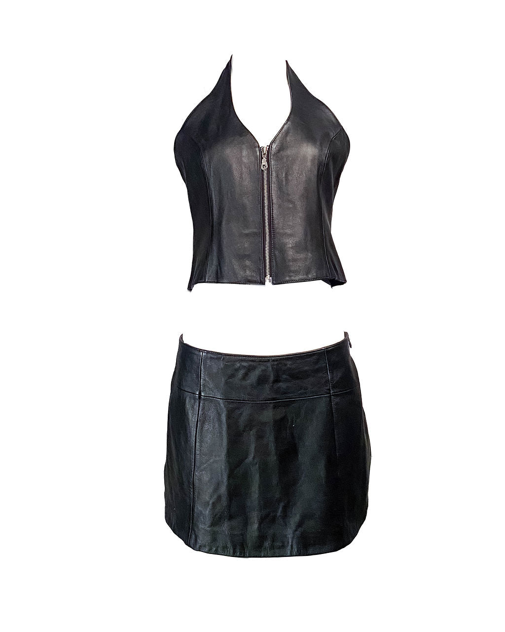 BLACK LEATHER 2PC HALTER & SKIRT SET