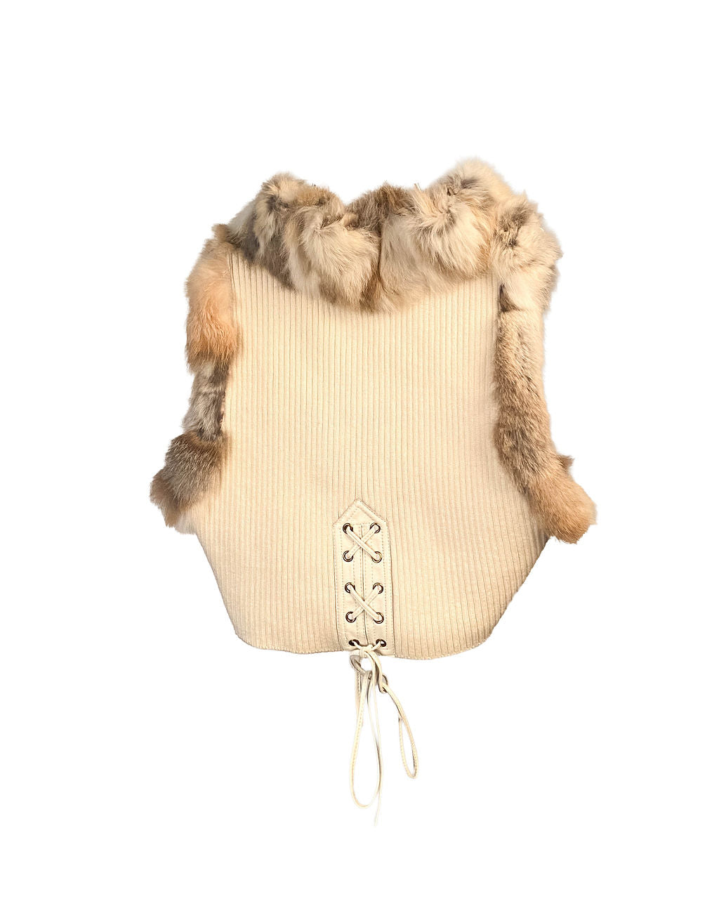 WHITE/BROWN CROPPED RABBIT FUR LACE UP VEST