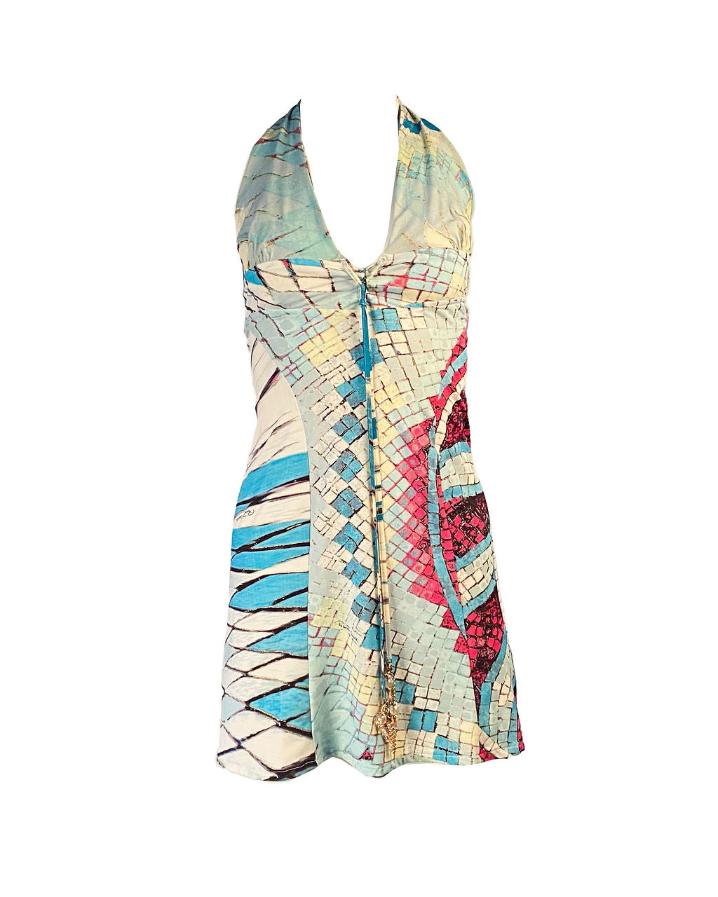 SS04 SILK/COTTON BLUE FEATHER PRINTED MINI DRESS