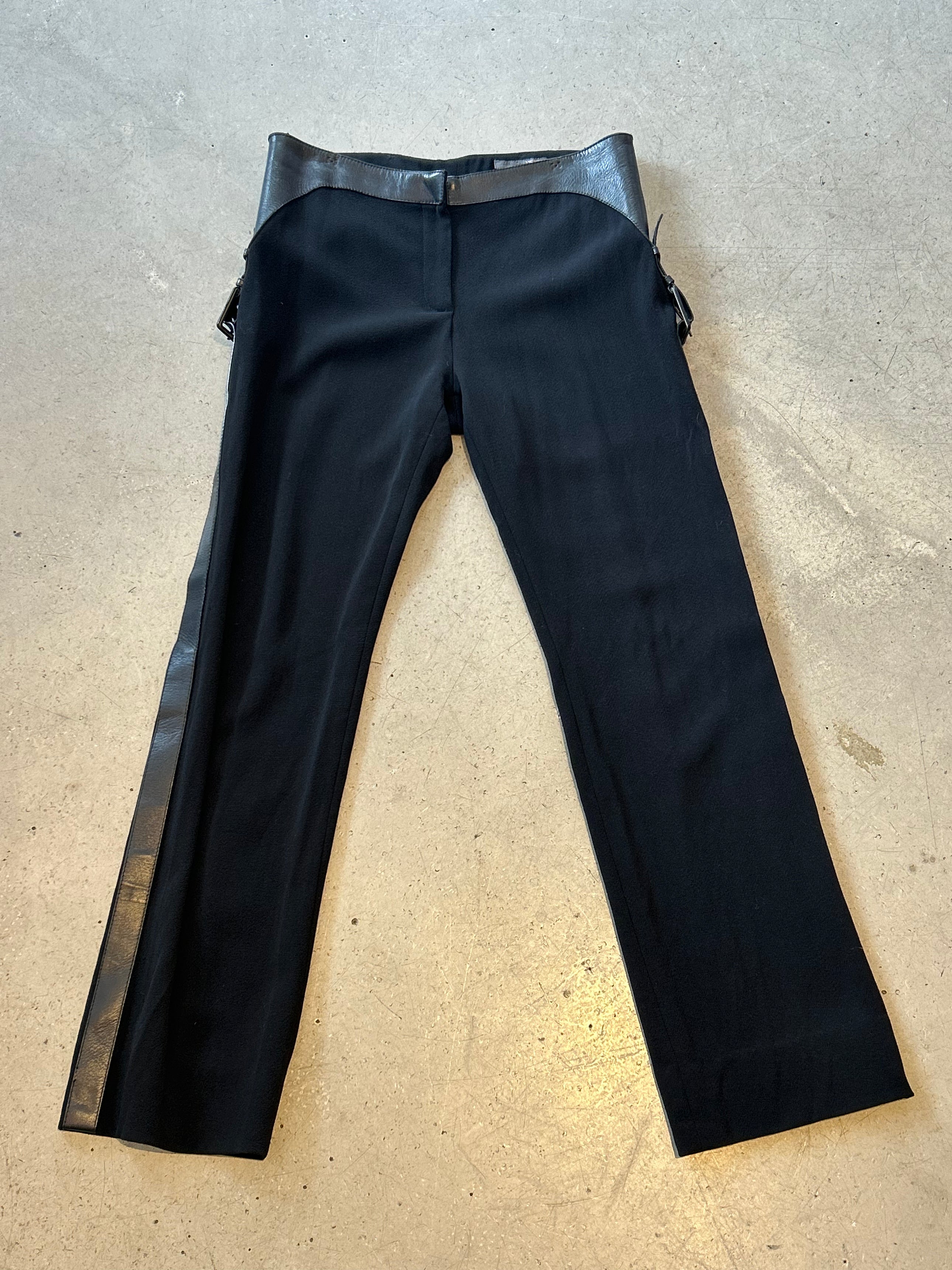 BLACK WOOL TROUSERS W LEATHER TRIM