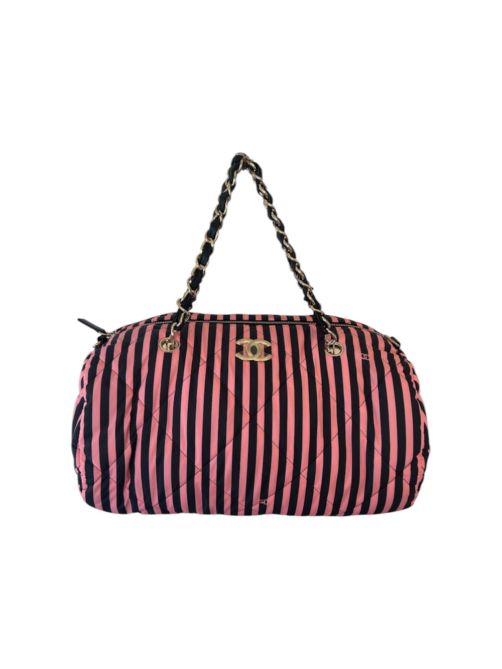 2024 PINK & BLACK STRIPED NYLON BEACH BAG (W STRAP)