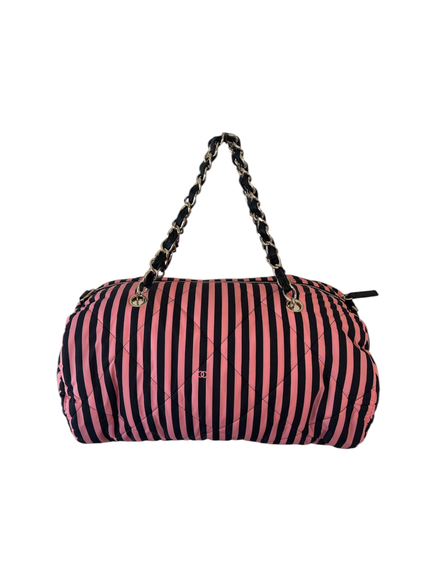 2024 PINK & BLACK STRIPED NYLON BEACH BAG (W STRAP)
