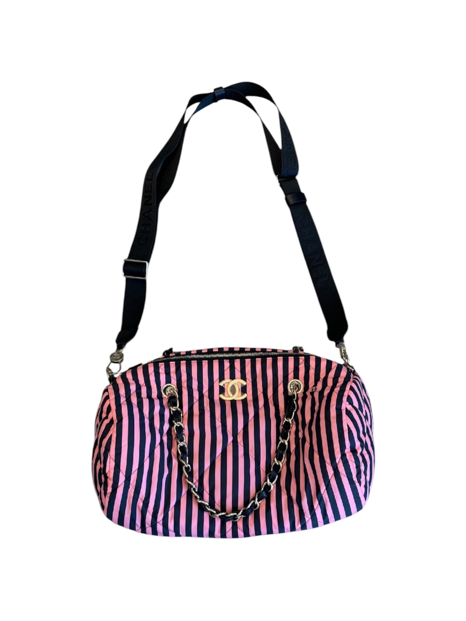 2024 PINK & BLACK STRIPED NYLON BEACH BAG (W STRAP)
