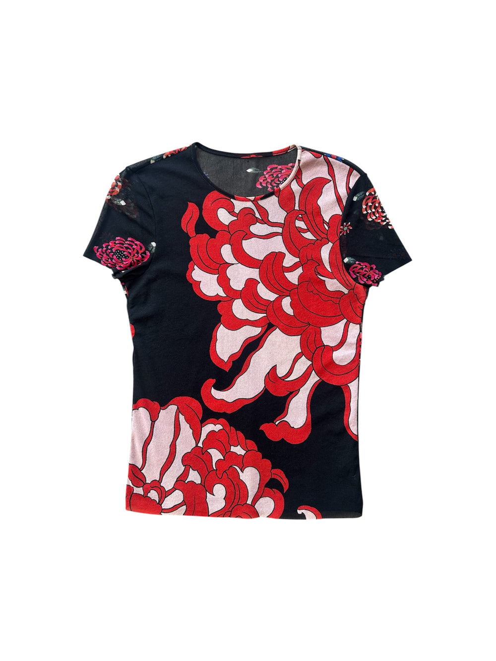 BLACK/RED MESH FLORAL TOP @TSCOTT