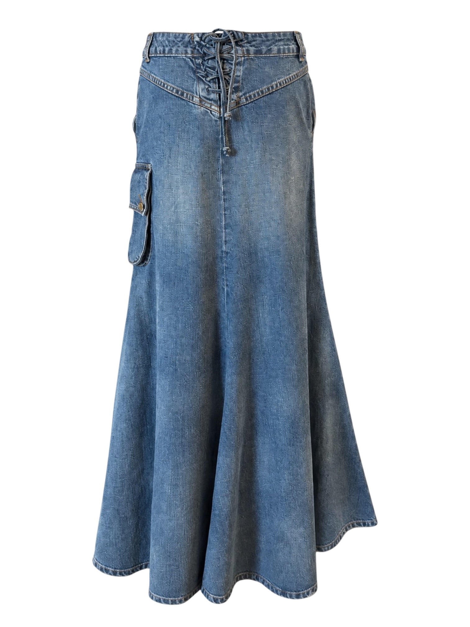 ARCHIVE DENIM LACE UP CARGO MAXI SKIRT