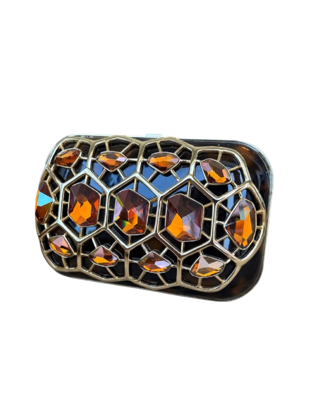 TORTOISE & GOLD STONED CLUTCH BAG @CLAUM