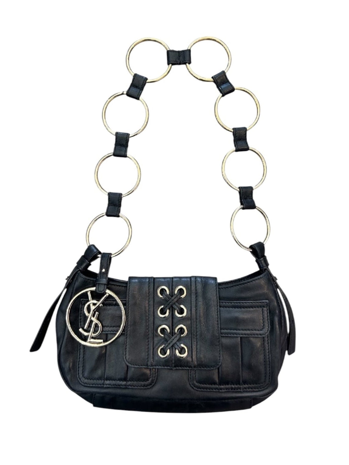 BLACK LEATHER CORSET BAG W GOLD RING DETAILING