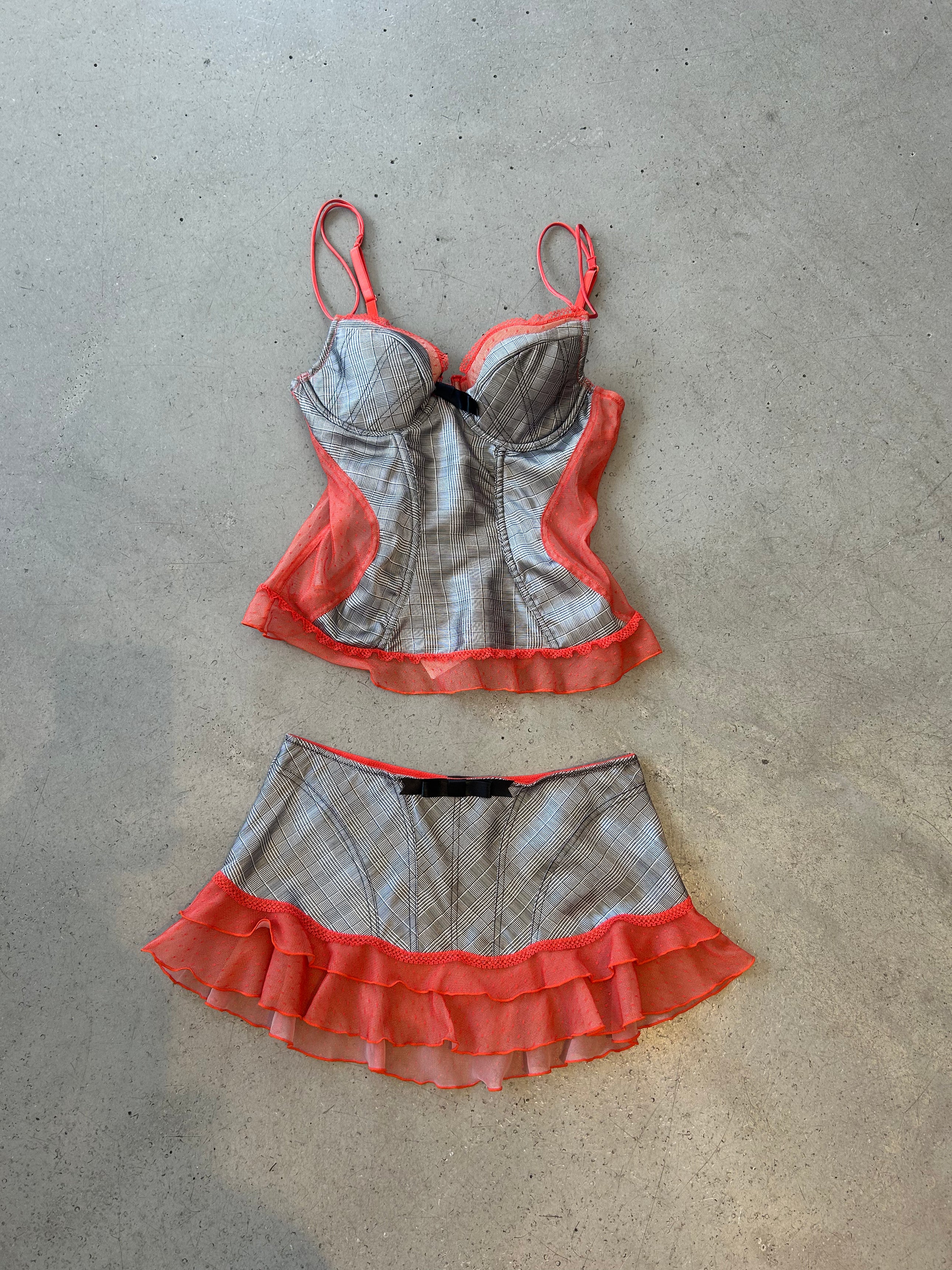 PLAID GREY AND ORANGE POLKA DOT MESH 2PC SET