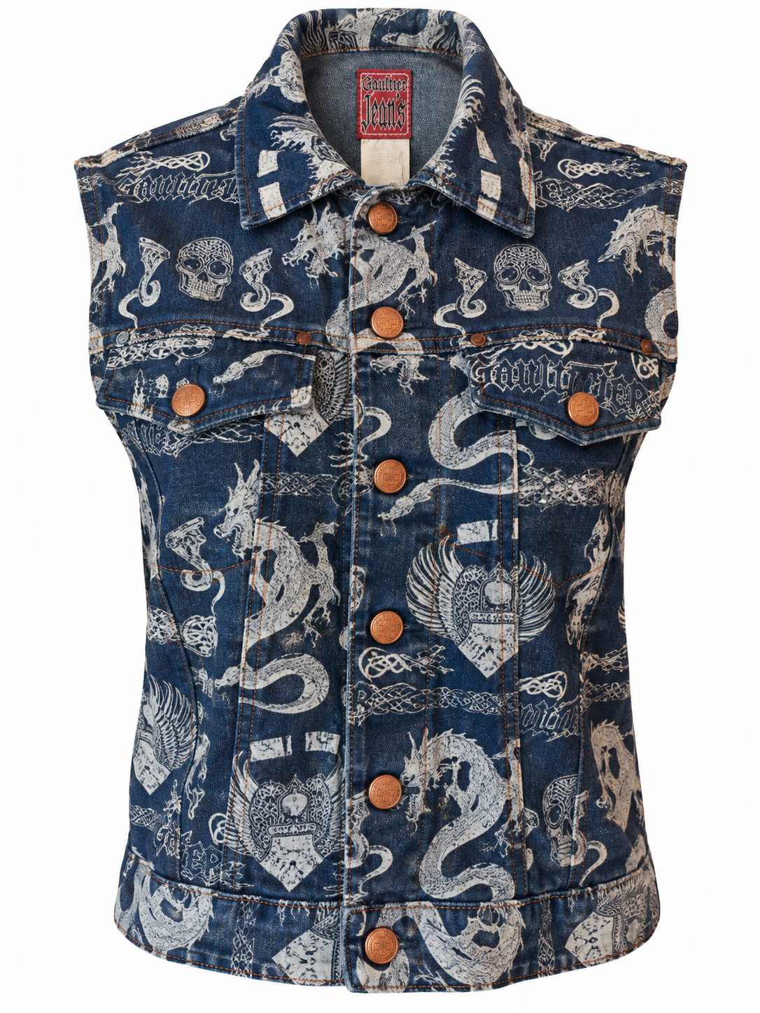 FW94 DENIM DRAGON & SKULL PRINTED VEST @EA