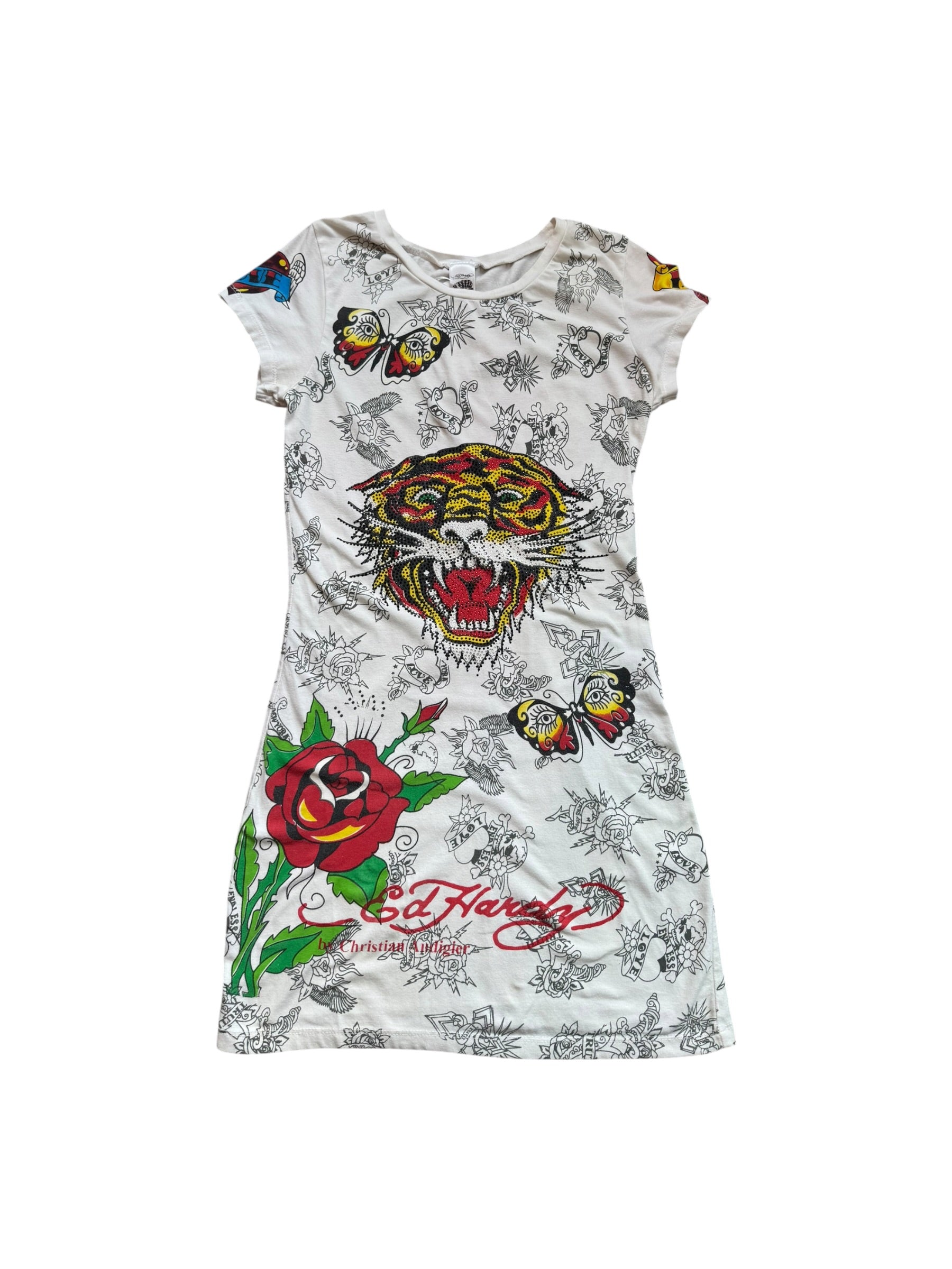 WHITE TATTOO MINI DRESS W RHINESTONE LION LOGO @EA