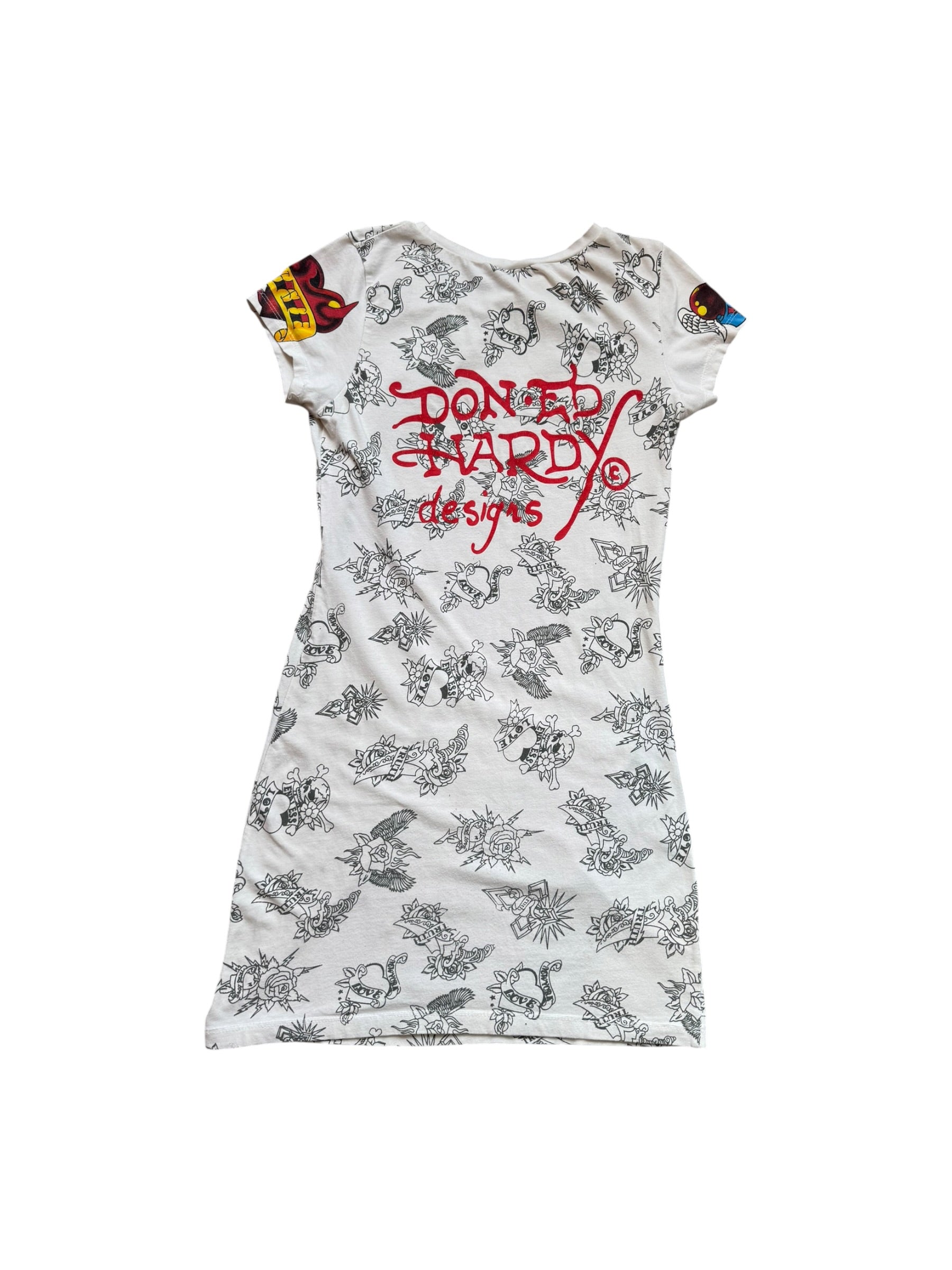 WHITE TATTOO MINI DRESS W RHINESTONE LION LOGO @EA