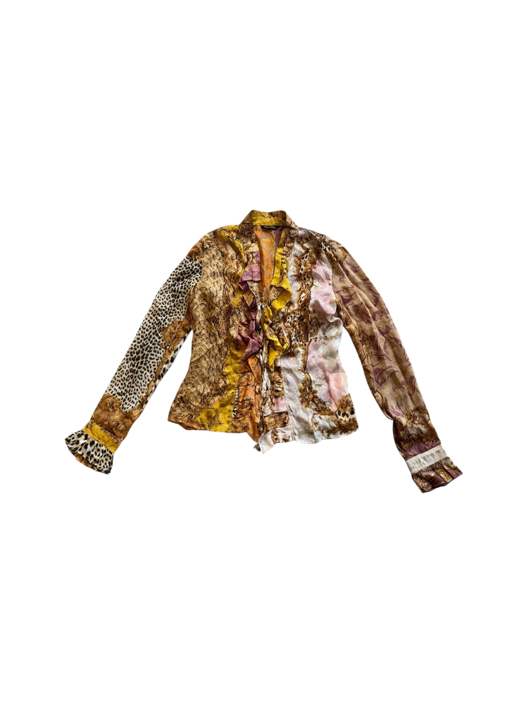 2005 RARE SILK ORNATE/ANIMAL PRINTED TIE UP BLOUSE