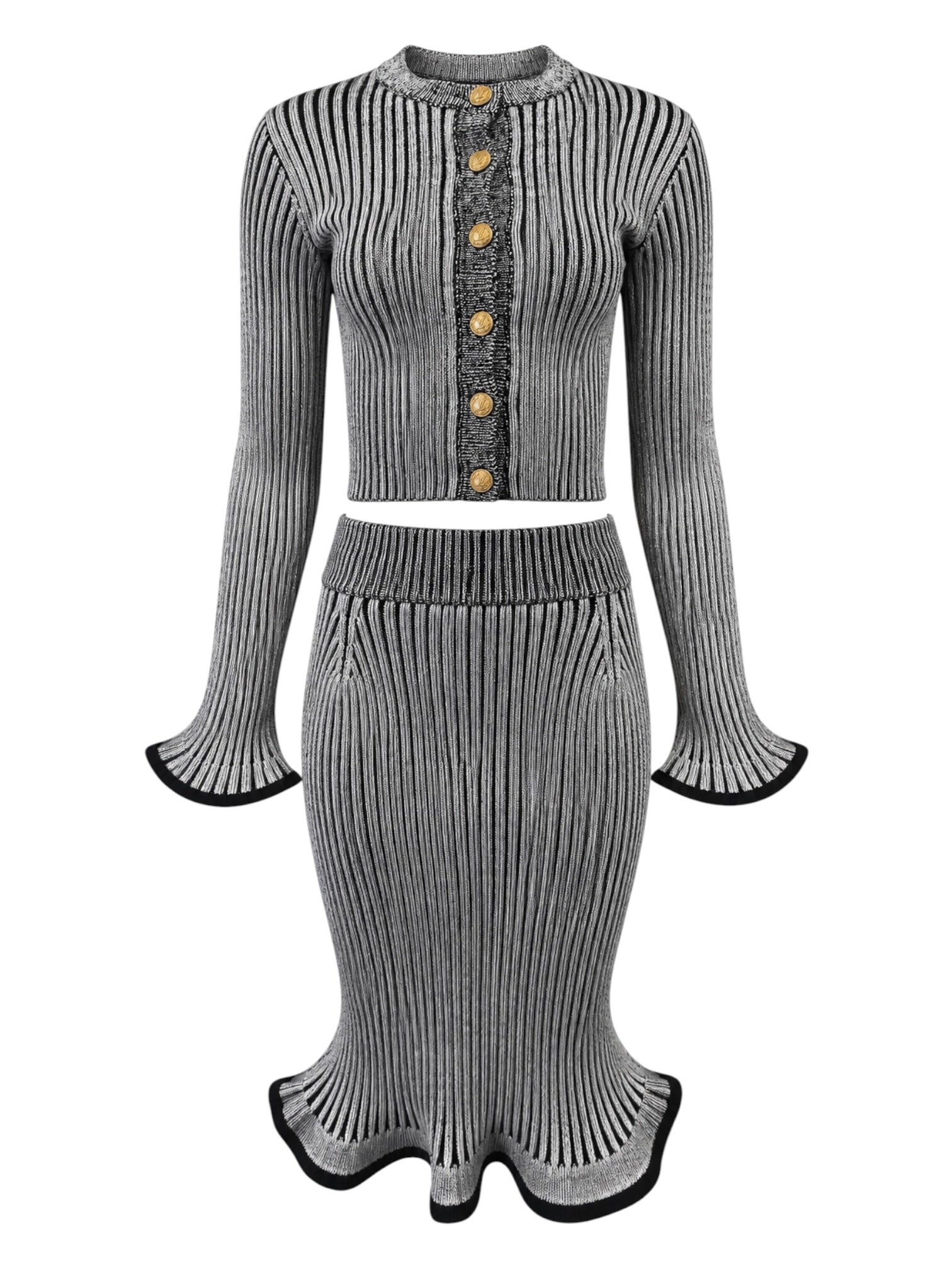 2022 GREY RIBBED CARDIGAN & SKIRT SET @SM