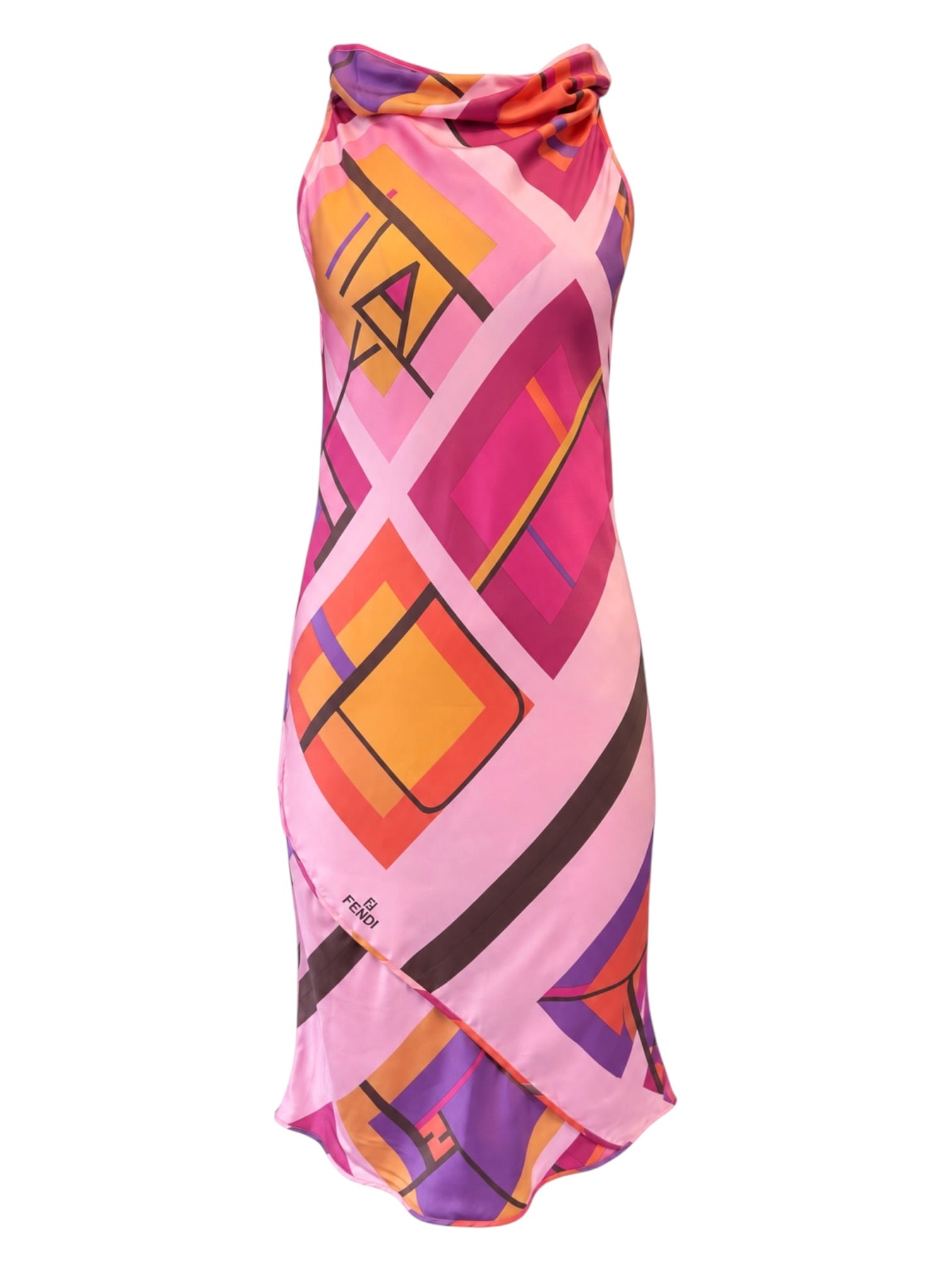 PINK & ORANGE “ITALY” PRINT BOAT NECK SILK MIDI DRESS @SM