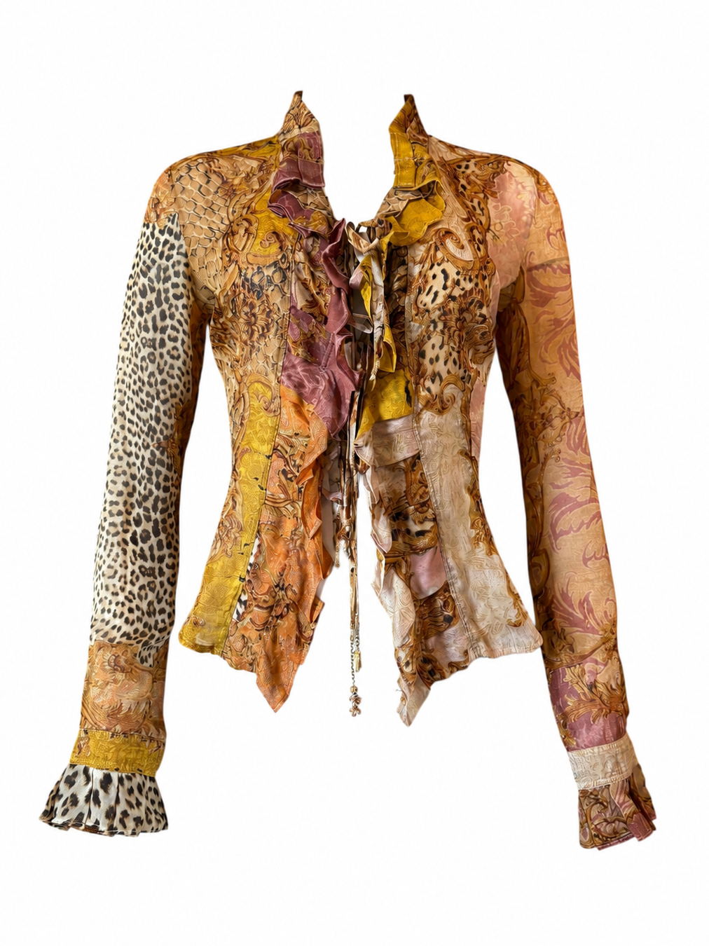 2005 RARE SILK ORNATE/ANIMAL PRINTED TIE UP BLOUSE
