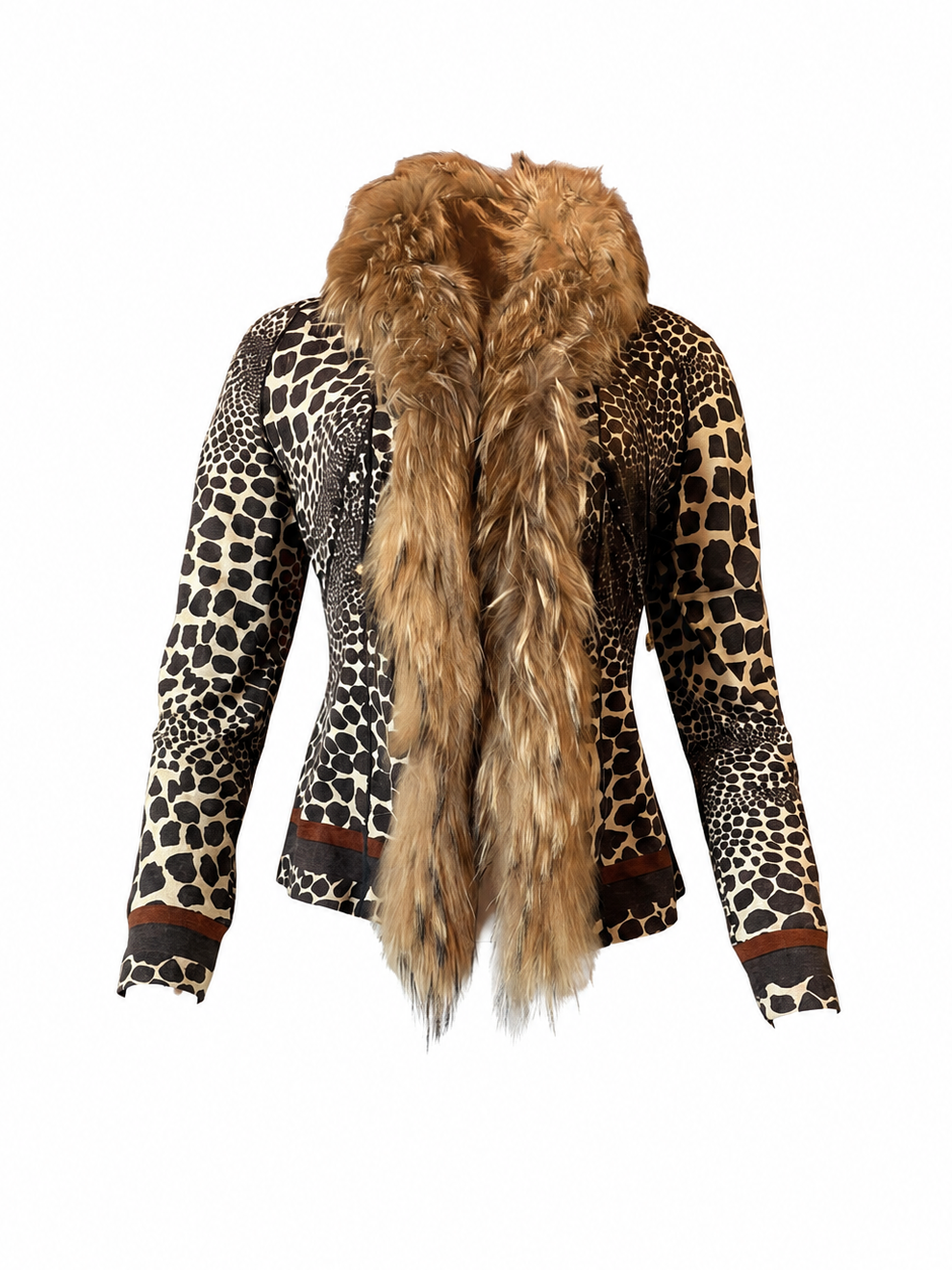 2004 BROWN GIRAFFE PRINTED L/S TOP W FUR COLLAR